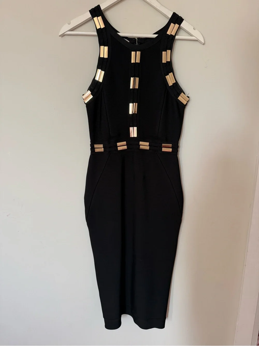House of CB Black Sleeveless Midi bandage Dress with Champaign gold  Accent - Picture 4 of 5